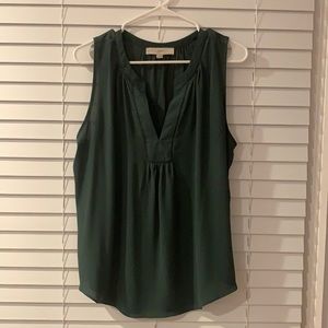 LOFT Forest Green split neck Mixed media blouse